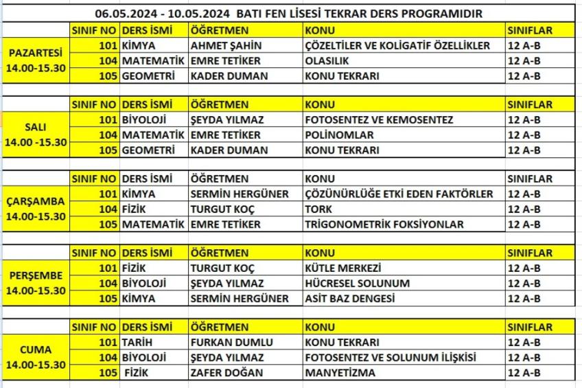 FEN LİSESİ 12.SINIF PROGRAMIDIR